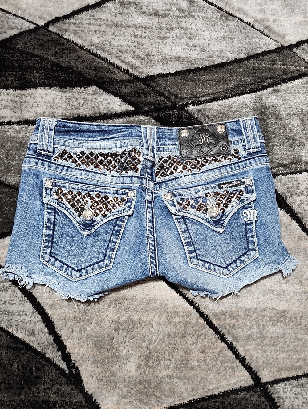 MISS ME EMBROIDERED SEQUINS STUDDED RHINESTONES RAW-EDGE DENIM SHORTS